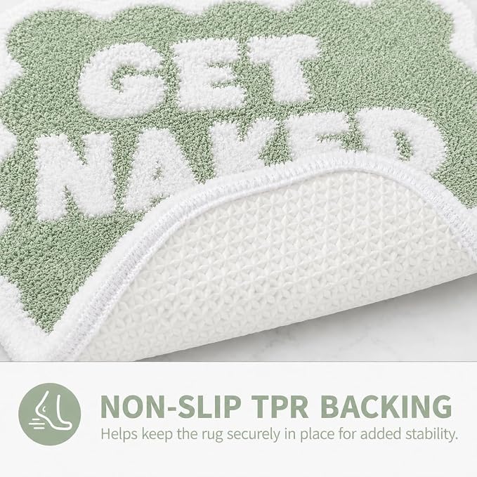 Scalloped Sage Green Bath Rug, Get Naked Cute Bathroom Rug, Soft Absorbent Quick Dry Bath Mat, TPR Non Slip Backing, Microfiber Mat for Shower Tub Sink Vanity 20" x 31.5"