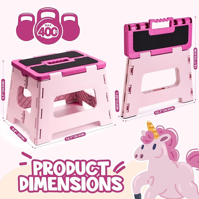Delxo 9 Inch Folding Step Stool for Kids - Includes 3 Alphabet Letter Stickers & 2 Non-Slip Grip Pads, Sturdy Foldable Foot Stool for Toddlers, Kitchen, Bathroom & Bedroom (Pink)