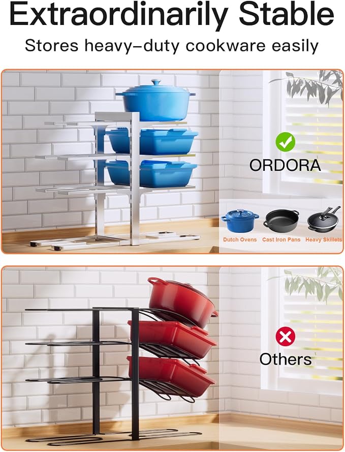 ORDORA Pots and Pans Organizer Rack for Cabinet, 15.83" Height 8-Tier Heavy Duty 120LBS Pot Pan Organizer under Cabinet Adjustable for Cast-iron Pan, Heavy Skillets Griddles, Shallow Pot, Silver