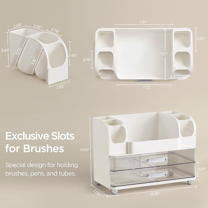 HBlife Makeup Organizer for Vanity with Brush Holder, Large Bathroom Countertop Cosmetic Organizer Skin Care Storage, Easy to Store Lipsticks, Nail Polishes, Perfumes, Eyeshadow Palettes, White
