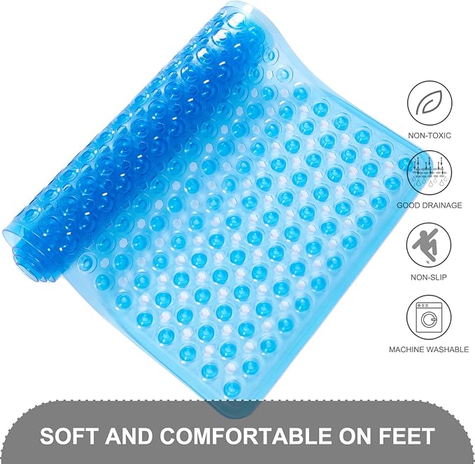 TEESHLY Bath Mat for Tub & Shower, Non Slip Soft Bathmat with Suction Cups & Drain Holes, Machine Washable Bathtub Floor Liner Mats for Bathroom, 35x16 Inch, Clear Blue