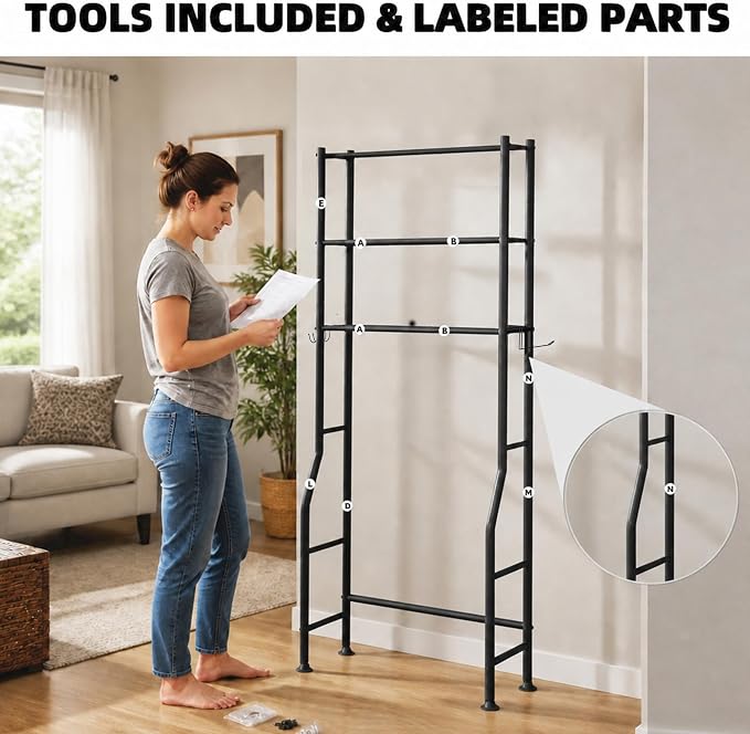 GloTika 3-Tier Over Toilet Storage with Anti-Tilt Safety System - 150lb Total Capacity Metal Bathroom Shelves Including Paper Holder & 4 Hooks, Space Saving Above Commode Organizer (64" H, Black)