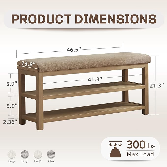 Zihanhome Shoe Rack Bench with Cushion, 2 Tier Solid Wood Storage Bench, Mid-Century Modern Shoe Bench for Entryway, Hallway, Closet, Front Door Entrance, Foyer (Brown, 46.5")