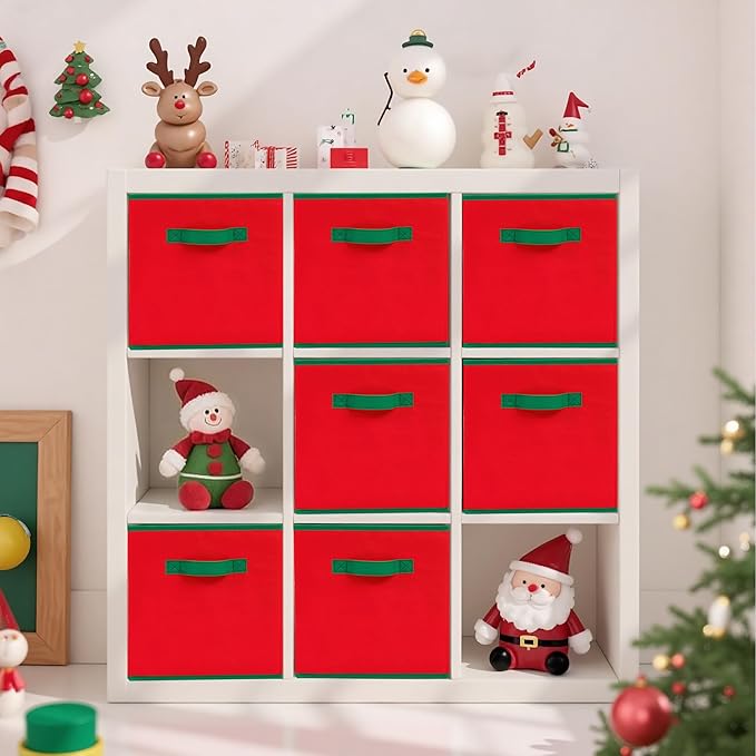 STORAGE MANIAC Storage Cubes, 11 Inch Durable 4 Pack Storage Shelf Basket for Christmas, Fabric Foldable Collapsible Bins with Handles for Organization, Closet, Shelves, Offices, Red