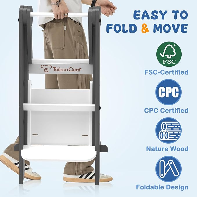 Foldable Toddler Tower, Toddler Kitchen Stool Helper with Safety Net, Wooden Kitchen Step Stool for Toddlers with Adjustable Height, Standing Tower for Learning and Cooking(Blue)