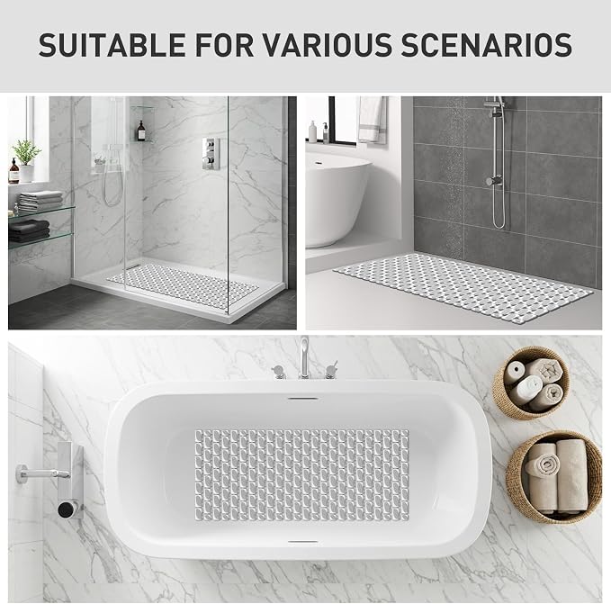 XIYUNTE Shower Mat Non Slip Bathtub Mat - 36 x 16Inches Soft Rubber Bath Mat for Tub Non Slip Bath Mat with Suction Cups and Drain Holes, Easy to Clean, Easy to Cut, Eco-Friendly, Grey