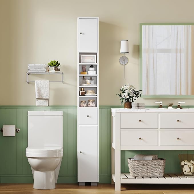 TEENFON Bathroom Cabinet, Narrow Bathroom Storage Cabinet with 5 Adjustable Shelves & Drawer, Freestanding Cupboard for Small Spaces, White