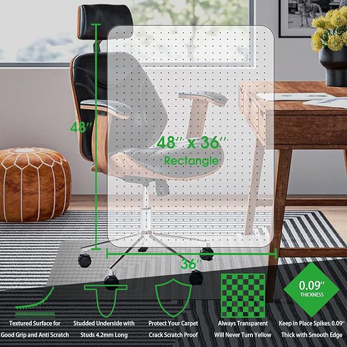 100pointONE Office Chair Mat for Carpet- 36" x 48" Studded Desk Chair Mat for Low Pile Carpeted Floors, Plastic Floor Mat for Office Chair Over Carpet