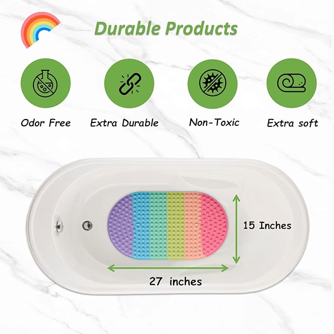 Pop It Bath Mat for Kids – Silicone Push Pop Sensory Toy, CPC Certified Non-Slip Rainbow Bathtub Mat with Suction Cups, Calming Stress Relief for Toddlers (27"x15")