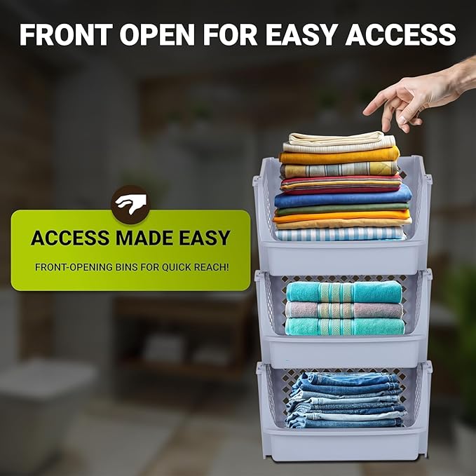 TidyFriend 6 Pack XLarge Plastic Stackable Storage Bins Open Front for Pantry Organizers and Storage, Pantry Storage for Kitchen and Home Organization, Dorm Room Essentials (Light Grey)