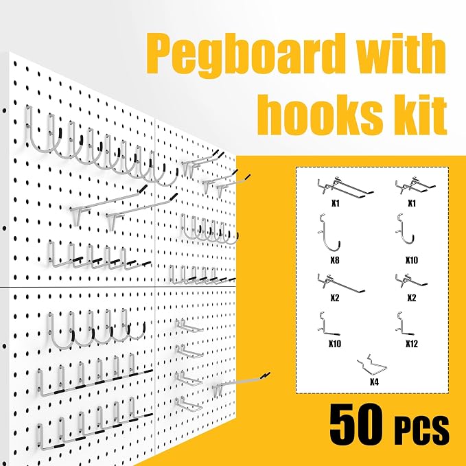 Spampur Peg Board, 4 Pack Metal Pegboard Panels with 50 Hooks, White Pegboards Wall Organizer, Heavy Duty Peg Board for Walls Home, Garage Tool Storage, Office Organization, Craft Room, Kitchen