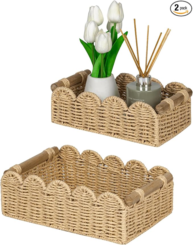 CubesLand Toilet Paper Storage Organizer Basket, Scalloped Decorative Baskets for Over Toilet Shelves, Wicker Small Basket Perfect for Home Countertop Storage & Decor, Living Room Shelf Decor, Beige