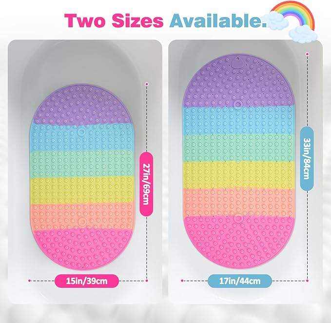 Silicone Push Pop Bath Mat – 33"x17.3" Extra Large Rainbow Bathtub Mat with 391 Suction Cups, CPC Certified Non-Slip Sensory Toy, Calming Stress Relief for Bath Time