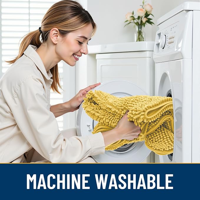 Smiry Dog Door Mat for Muddy Paws 30x20, Absorbent Dirt Trapper, Non-Slip Washable Chenille Entryway Rug for Inside Floor, Yellow, Classic Solid