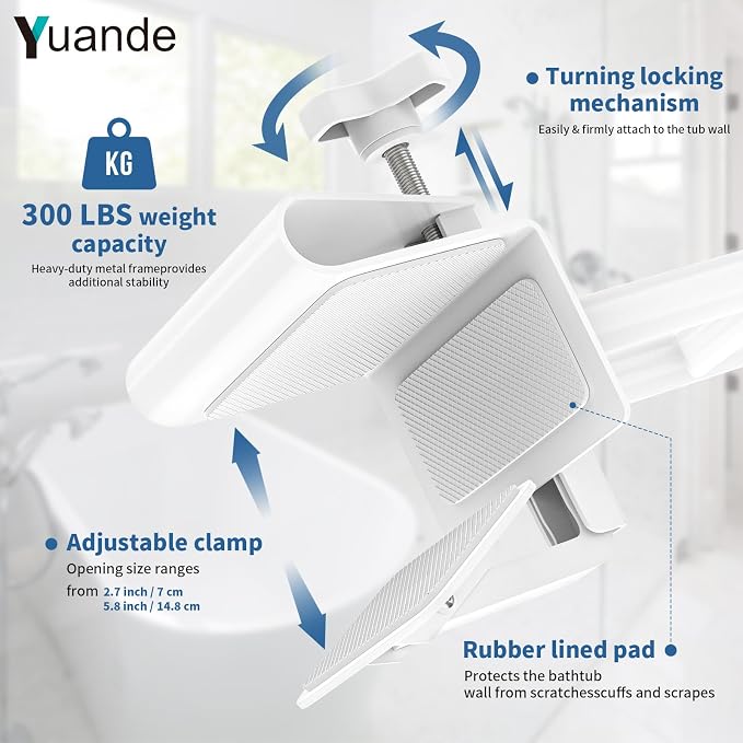 Adjustable Bathtub Safety Rail, YuanDe 17 x 6 Inch Stainless Steel Tub Handle Grab Bar, Heavy-Duty Clamp-On Bath Handle for Elderly Seniors, Disabled & Injury Recovery (300 lbs), White