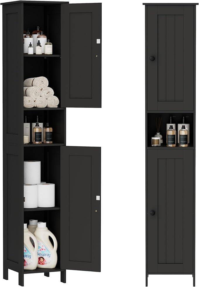 Homleke Tall Bathroom Storage Cabinet with 2 Doors, 67"H Narrow Storage Cabinet with Adjustable Shelves& Anti-Tip Design, Reversible Door Installation, Easy Assembly, 11.8 x 11.8 x 66.9 Inches, Black