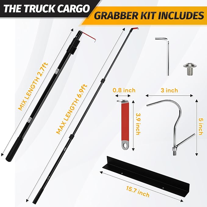 6.9 Ft Magnetically Mounted Truck Cargo Grabber Reach Retriever Tool with Two Hooks, Upgraded Extendable Telescoping Pickup Truck Bed Retriever Tool Magnetic Heavy Duty Truck Bed Accessories