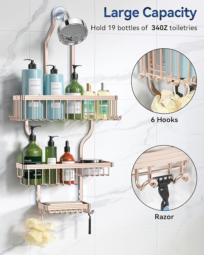 YASONIC Never Rust Shower Caddy Hanging, Aluminum Shower Racks for Inside Shower, 3-Tier Shower Organizer Hanging Over Shower Head with Hooks and Soap Holder, Rose Gold