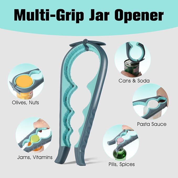 Jar Opener Bottle Opener, 5-in-1 Multi-Function Can Opener with Ergonomic Non-Slip Handle, Kitchen Tool Set for Weak Hands, Seniors with Arthritis, Blue