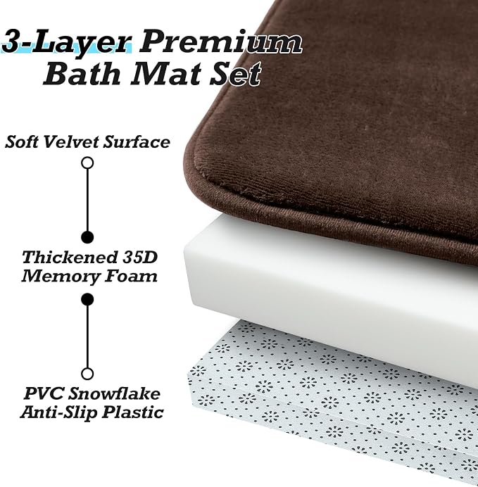 HUXMEYSON Bathroom Rugs Sets 2 Piece, Non-Slip & Quick Dry Bath Mat Set, Ultra Soft Velvet Bath Rugs for Bathroom, Toilet and Shower Floor, Brown