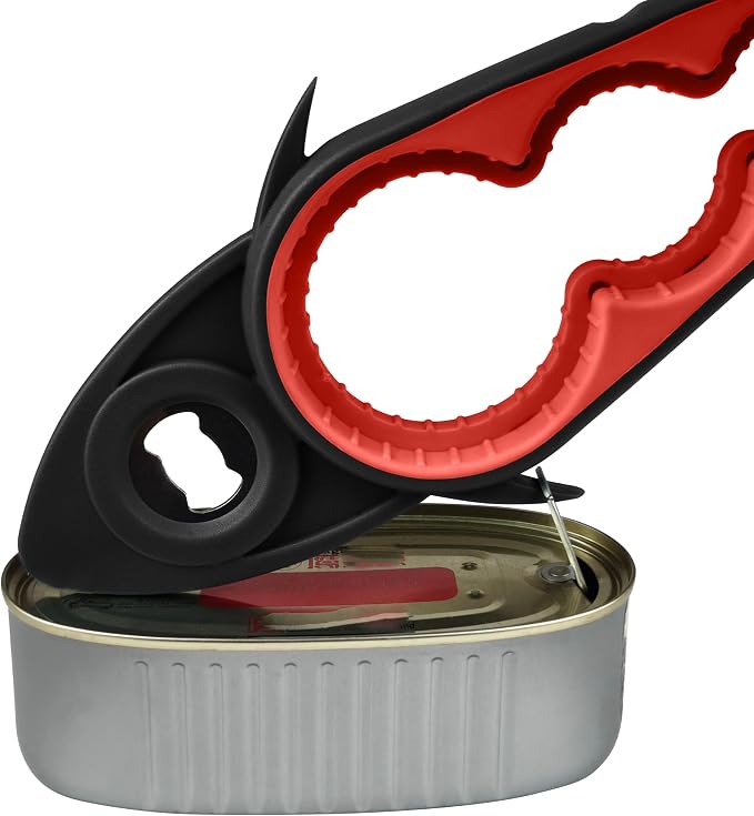 Jar Opener Bottle Opener for Arthritis, 5-in-1 Multifunctional Jar Opener, Easy to Use for Seniors and Weak Hands, Shark Shape Kitchen Gadget for jar, Beer and Bottle (Black and Red)