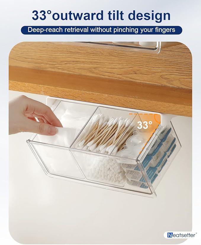 Hanging Cabinet Organizer – 33° Tilted Under Desk Drawer & Bathroom Storage – Self-Adhesive Clear Pull-Out Bins for Kitchen, Office & Vanity (Large)