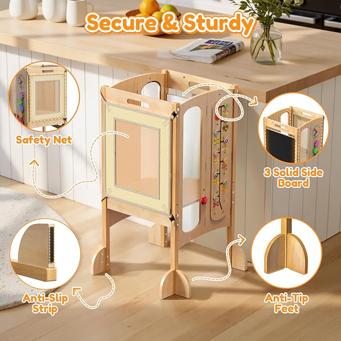 Foldable Toddler Tower, Kitchen Stool Helper with 2 Step Stool, Toddler Standing Tower for Kids with Safety Net, Adjustable Height, Chalk-Whiteboard &Montessori Activity Games