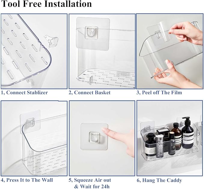 Bath Toy Storage Organizer, Bathtub Toy Storage Holder, Large Capacity Wall Mounted Shower Caddy Shower Organizer, No Drill Shelves Basket, Clear White, 2 Pack