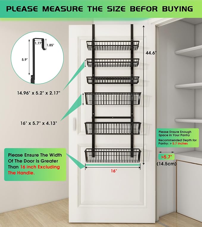 Mefirt Over The Door Pantry Organizer, Pantry Organization and Storage, 6-Tier Deep Baskets Hanging Heavy-Duty Metal, Wall Spice Rack Seasoning Shelves for Home & Kitchen, Laundry Room Bathroom, Black