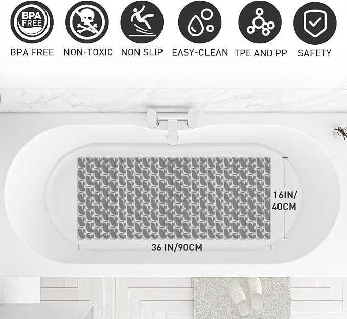 XIYUNTE Shower Mat Non Slip Bathtub Mat - 36 x 16Inches Soft Rubber Bath Mat for Tub Non Slip Bath Mat with Suction Cups and Drain Holes, Easy to Clean, Easy to Cut, Eco-Friendly, Dark Grey