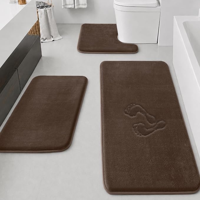 HUXMEYSON Bathroom Rugs Sets 3 Piece, Non-Slip & Quick Dry Bath Mat Set, Ultra Soft Velvet Bath Rugs for Bathroom, Toilet and Shower Floor, Brown