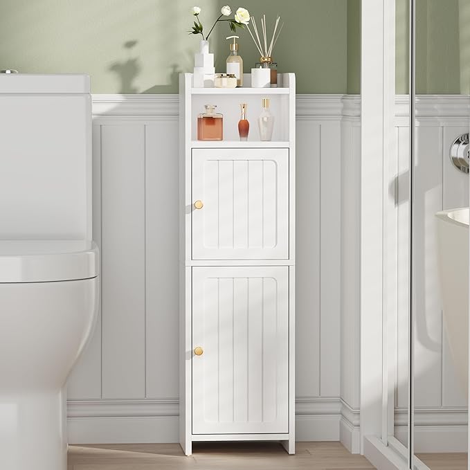 BEWISHOME Small Bathroom Cabinet, Bathroom Storage Cabinet with Adjustable Shelves & 2 Doors, Narrow Toilet Paper Cabinets, 7.9" D x 9.8" W x 31.5" H, for Small Spaces, White YYG13W