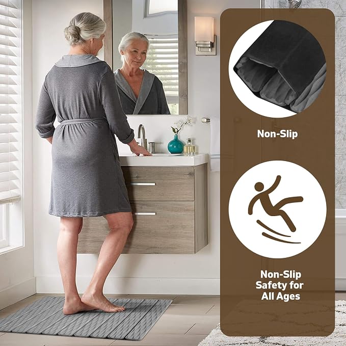 Foldable Stone Bath Mat, 2 Pcs Fast Drying Diatomaceous Earth Stone Drying Mat with Grooves on Surface, Non-Slip Rubber Base, Easy to Store and Clean (Grey, 24"x 16" & 8"x 4")