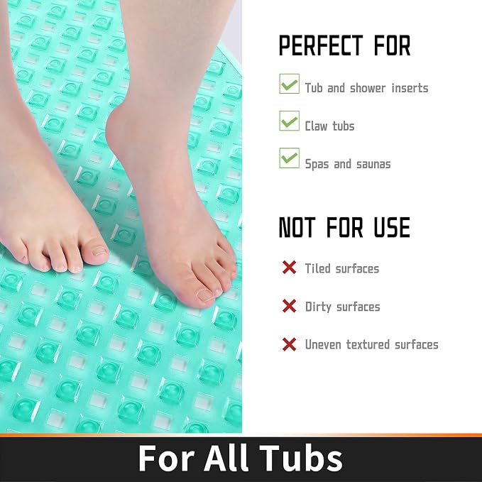 Yimobra Bathtub Mat Non Slip, 35"X16" Shower Mat with Strong Suction Cups&Drain Holes, Long Anti Slip Bath Tub Mat for Inside Shower, Machine Washable Fast Drying, Bathroom Essentials, Clear Green