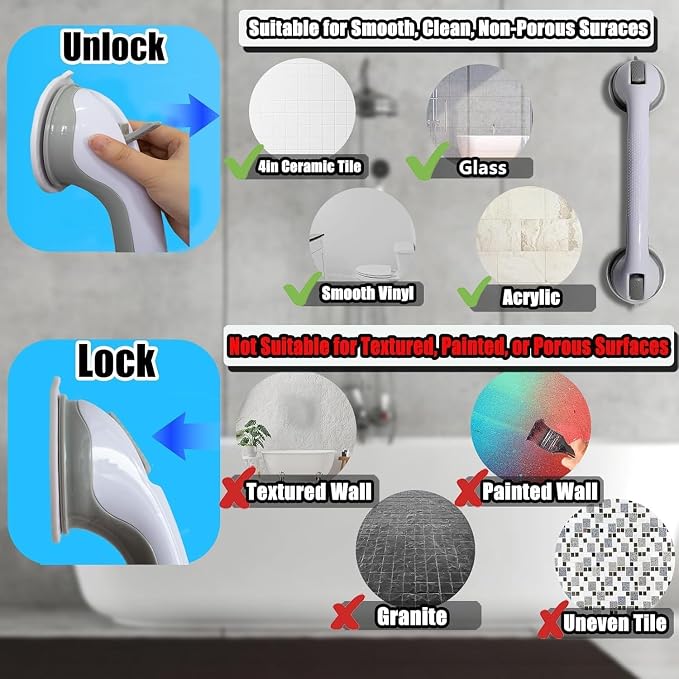 Shower Grab Bar Suction Grab Bars for Shower 2 Pack 16.15 Inch Shower Handles for Elderly Suction Bathroom Grab Bars for Seniors Shower Grab Bars Suction Heavy Duty Waterproof No Drilling