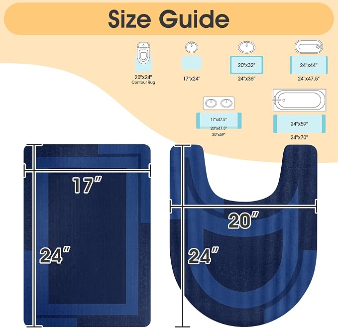 ACCUMTEK Non Slip Bath Mat, Thin Bathroom Rugs Fit Under Door, Quick Dry Bath Mats, Machine Washable Bath Rugs for Bathroom, Bathtub & Kitchen, Dark Blue/Bordered/24 x17+ 24"x20" Contour Rug