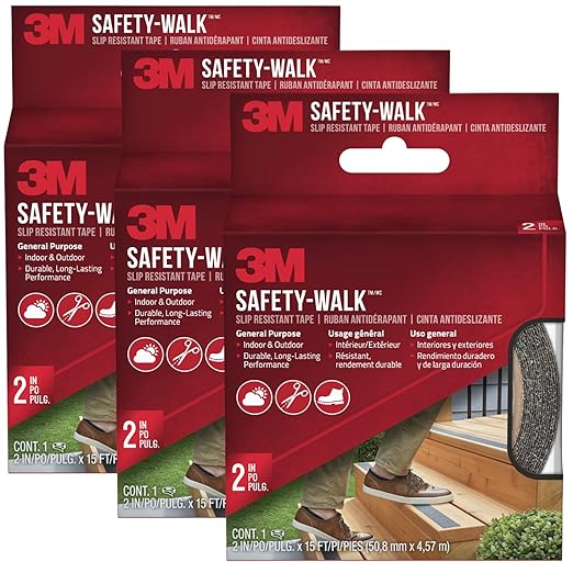 3M Safety-Walk Slip Resistant Tape, Black Anti Slip Grip Roll, 2 in x 15 ft, Strong Self-Adhesive Traction Tape for Stairs, Ladders, Floors & Work Areas, 3-Pack
