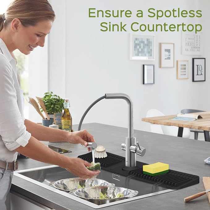 24 Inch Silicone Faucet Mat for Kitchen Sink Splash Guard – Upgraded Draining Mat with Water Tray Behind Faucet – Countertop Protectors to Catch Spills (Black, 24" x 5.5" )