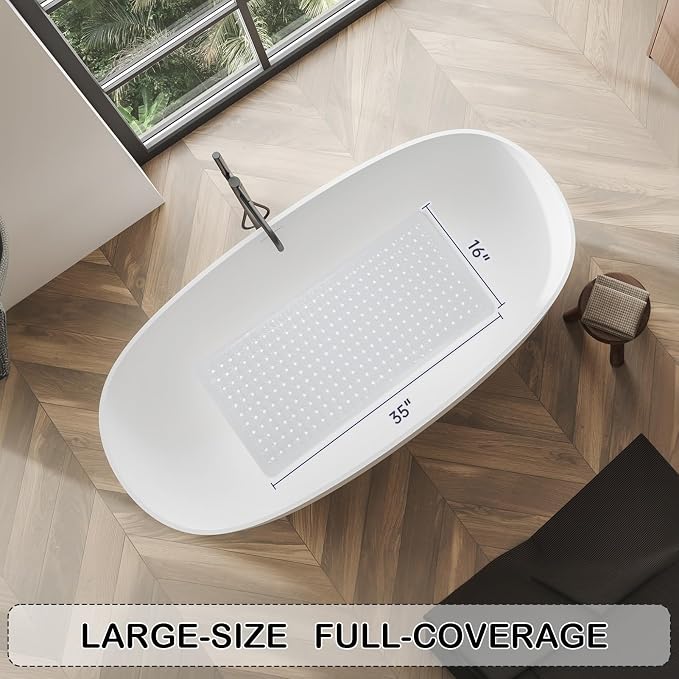 Non-Slip Bathtub and Shower Mats, Power Grip Bath Mat 35 x 16.3 Inch with Suction Cups and Drain Holes for Tub Bathroom Floor Safety, Machine Washable Soft Bathmat, White