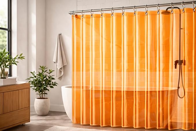 EHZNZIE Orange Shower Curtain Liner 72x72, PEVA Waterproof Bath Curtain, No Chemical Smell, 3 Weighted Magnets, Durable with Rustproof Metal Grommets