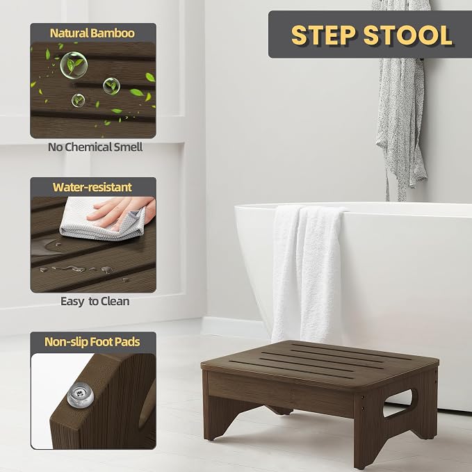 Wooden Step Stool for Adults & Kids, Non-Slip Rubber Feet, 6.5 INCH High, Lightweight Small Step, 450 LBS Capacity, Bed Step Stool for High Bed, Bathroom & Kitchen (Walnut)