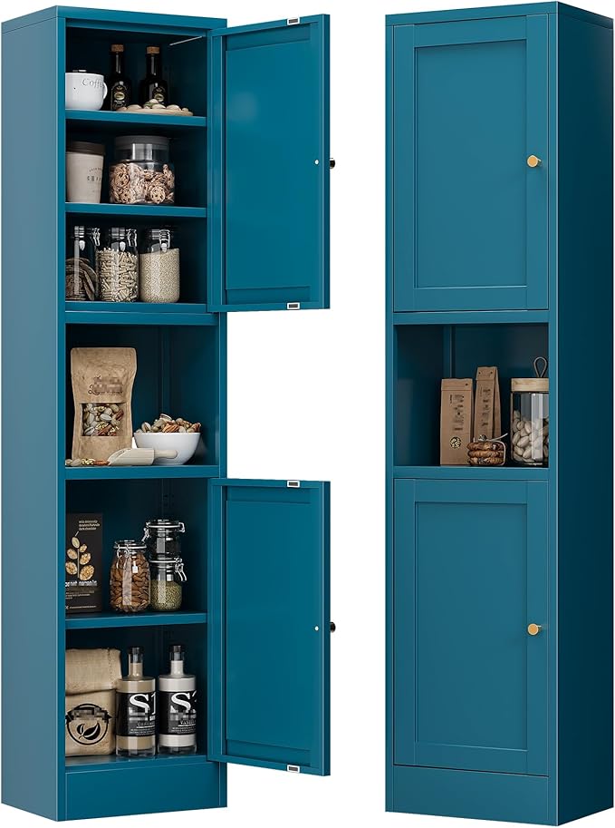 Bevivog Metal Kitchen Pantry Cabinet for Small Space, 67" Tall Storage Cabinets with 2 Doors and Adjustable Shelves, Freestanding Narrow Bathroom Cabinet, 15.7" W Slim Pantry