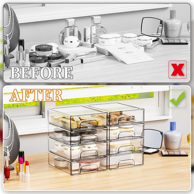 Yieach 8 Pack Small Clear Stackable Storage Drawers,2.2'' Tall Desk Organization and Storage,Plastic Office Supply Organizer,Acrylic Storage Containers for Makeup,Hair Clip,Accessory,Pen,Art Crafts