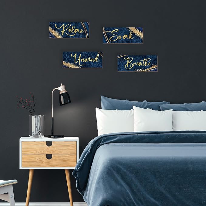 ONIZHITY 4 Pcs Blue and Gold Bathroom Decor Navy Blue Gold Wall Decor Relax Soak Unwind Breathe Wooden Rustic Marble Style Versatile Bathroom Accessories for Bedroom Living Room Decor(10X4)