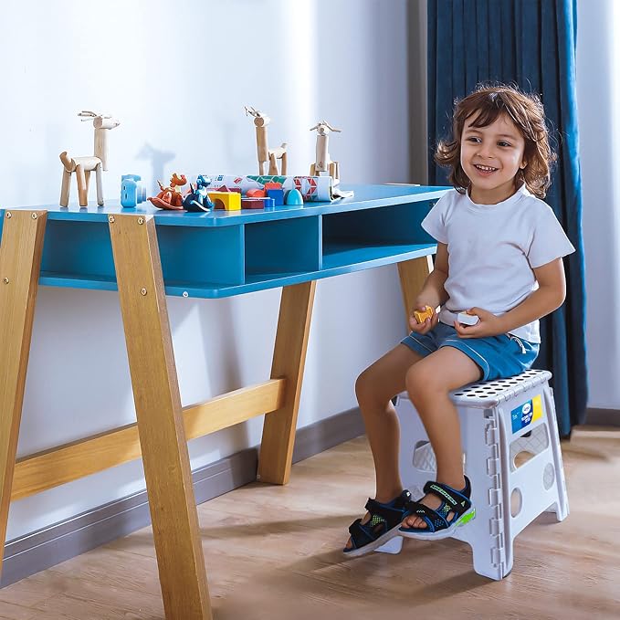 Korpai 13" Folding Step Stool for Adults and Kids Holds Up to 300 lbs,Non-Slip Folding Stools with Portable Handle, Compact Plastic Foldable Step Stool for Bathroom,Bedroom, Kitchen,White,1PC