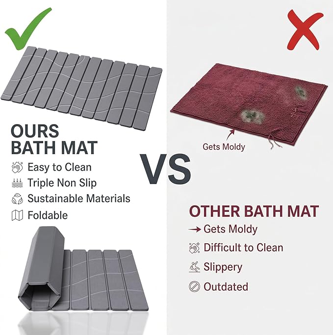 Foldable Stone Bath Mat, Non Slip Large Diatomaceous Shower Mat, Super Absorbent Quick Drying Stone Mat for Bathroom Kitchen Floor Counter Sink,Easy to Clean & Store (32" x 16" Dark Gray)