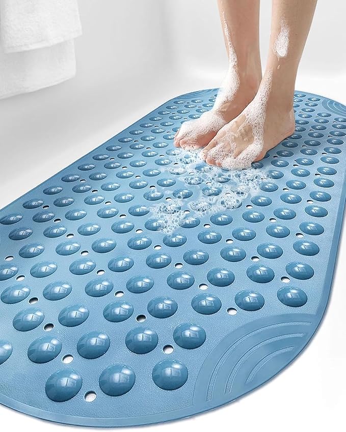 DEXI Bathtub Mat Non Slip 16x35, Shower Floor Mats for Bathroom Bath Tub, Washable Oval Bathmat with Suction Cups and Drain Holes, Blue
