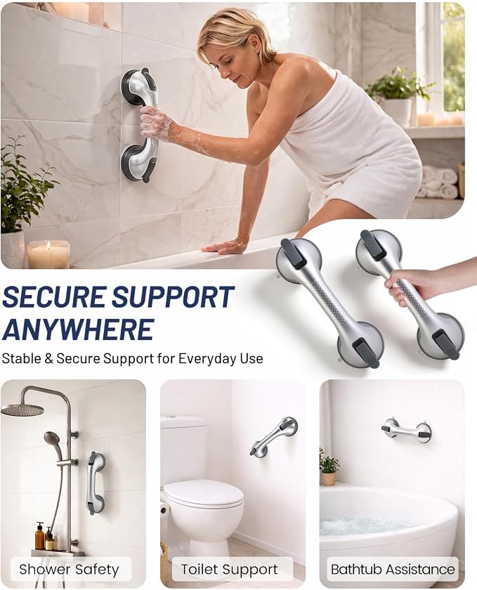 2 Pack Gel-Enhanced Shower Grab Bars for Seniors and Elderly, Heavy Duty Suction Safety Bars for Bathtubs and Showers, No Drilling Removable Bathroom Handles for Tub and Shower Support