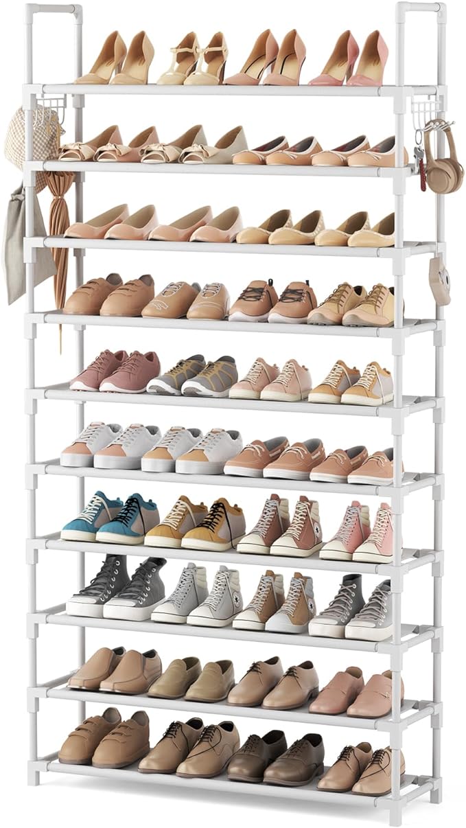 VTRIN 10 Tiers Shoe Rack Tall Large Capacity Wide Shoe Organizer Sturdy Shoe Shelf for Entryway with Two Hooks Metal Shoe Storage for Closet, Bedroom, White
