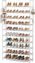 VTRIN 10 Tiers Shoe Rack Tall Large Capacity Wide Shoe Organizer Sturdy Shoe Shelf for Entryway with Two Hooks Metal Shoe Storage for Closet, Bedroom, White